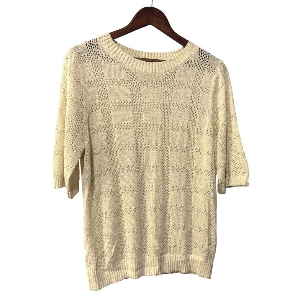 Cream Pointelle Knit Short Sleeve Sweater Crew Neck Cotton Blend Ivory Large